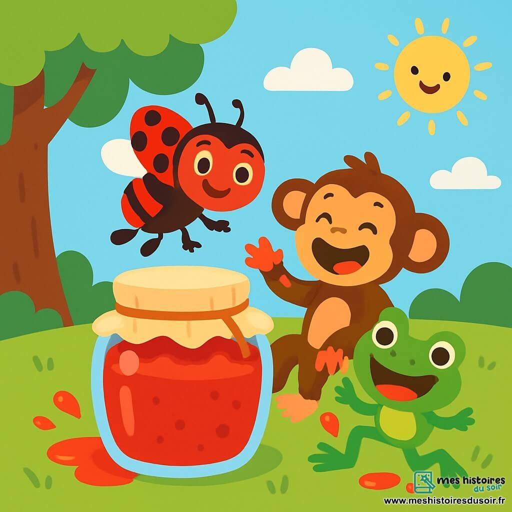 Une coccinelle nommée Lili, avec un corps rouge et des taches noires, sourit en flottant au-dessus d'un pot de confiture. Ses yeux brillent de curiosité. À côté d'elle, Léon le Singe, au pelage brun, rit en essayant de sortir de la confiture avec ses pattes collantes. Zaza la Grenouille, avec sa peau verte, saute autour du pot, éclaboussant un peu de confiture sur l'herbe. En arrière-plan, un arbre majestueux et un ciel bleu clair créent une ambiance joyeuse. La scène montre les amis riant ensemble, recouverts de confiture, illustrant une aventure amusante.