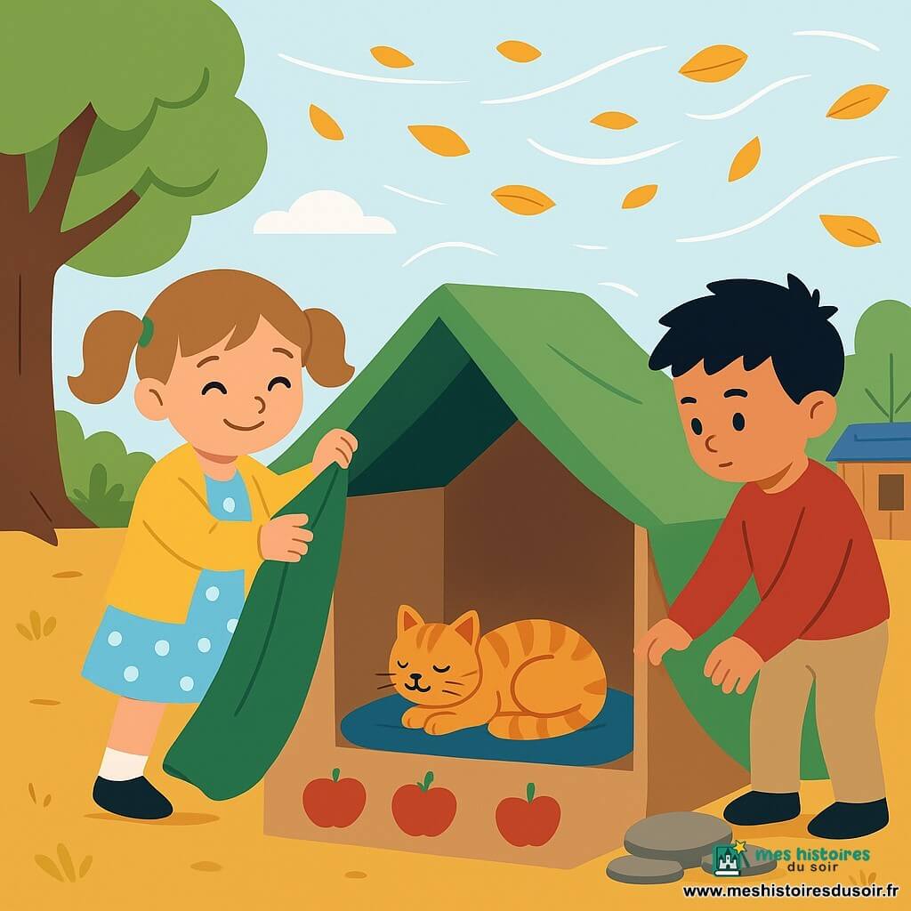 Trois personnages : Léa, 5 ans, cheveux châtain clair en deux couettes, veste jaune, robe à pois bleu clair, à gauche, souriante, tient une grande couverture en train d'attacher l'abri ; Milo, 5 ans, cheveux noirs en brosse, pull rouge, pantalon beige, à droite, concentré, pose des pierres plates pour stabiliser le carton ; un petit chat roux tigré aux yeux verts est roulé sur un coussin bleu à l'intérieur et ronronne. Cour d'école ensoleillée avec goudron ocre, un arbre à gauche, une cabane à outils à droite, une balançoire en arrière-plan et feuilles d'automne balayées par le vent. Les enfants ont construit un abri improvisé avec une couverture verte, un grand carton décoré de pommes rouges et des pierres ; le vent souffle dehors mais l'intérieur est calme et chaleureux, éclairé par un rayon de soleil.