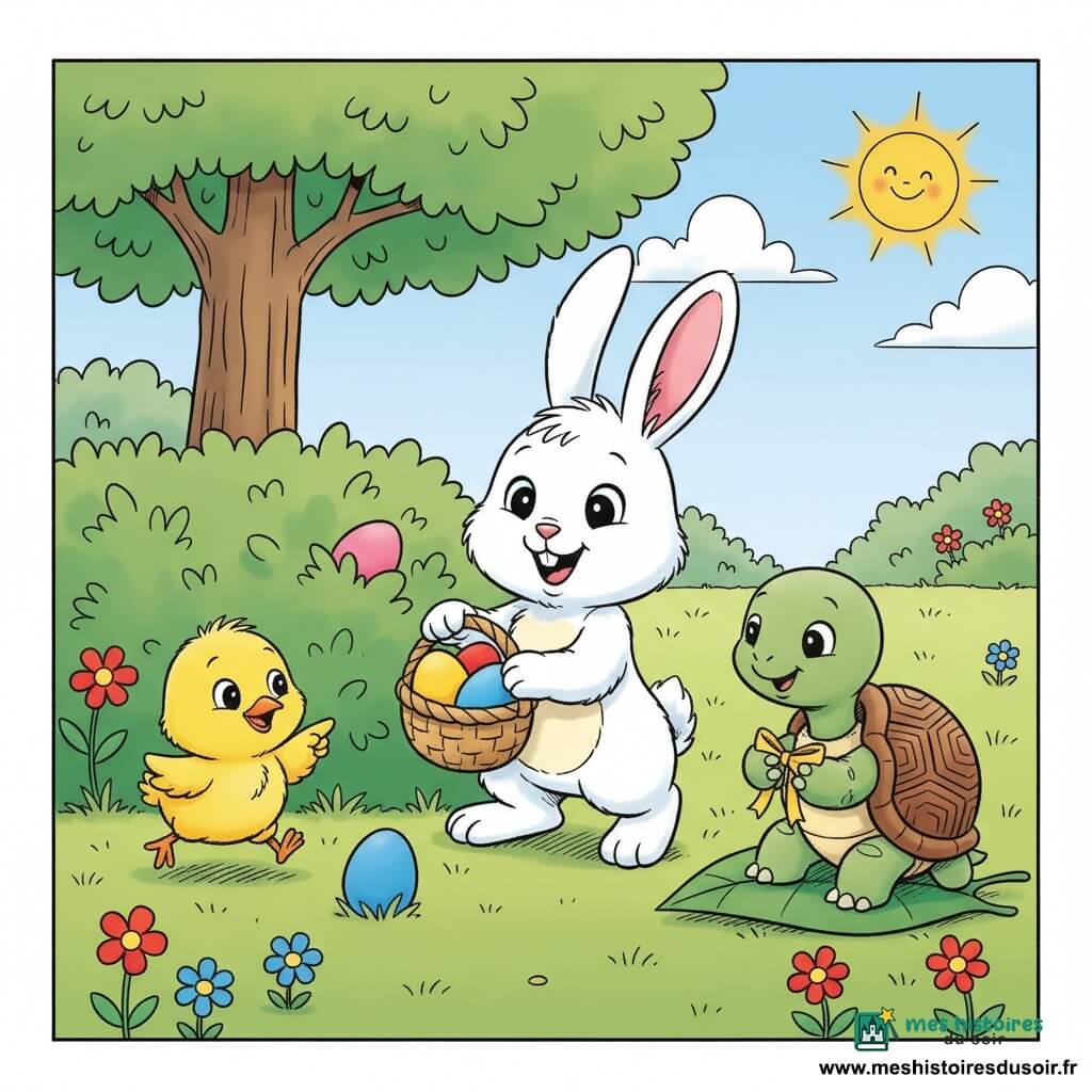 Un petit lapin blanc au ventre crème, oreilles roses, souriant, tient un panier d'osier rempli d'œufs colorés et cache un œuf rose derrière un buisson; à sa gauche, un poussin jaune duveteux pointe du bec vers un œuf bleu en sautillant; à droite, une tortue verte au dos marron tient un ruban jaune assise sur une feuille; jardin lumineux d'herbe tendre, fleurs rouges et bleues, grand buisson, arbre au tronc brun clair et ciel bleu pâle avec soleil souriant; ambiance douce et joueuse de chasse aux œufs avec couleurs vives et composition claire.