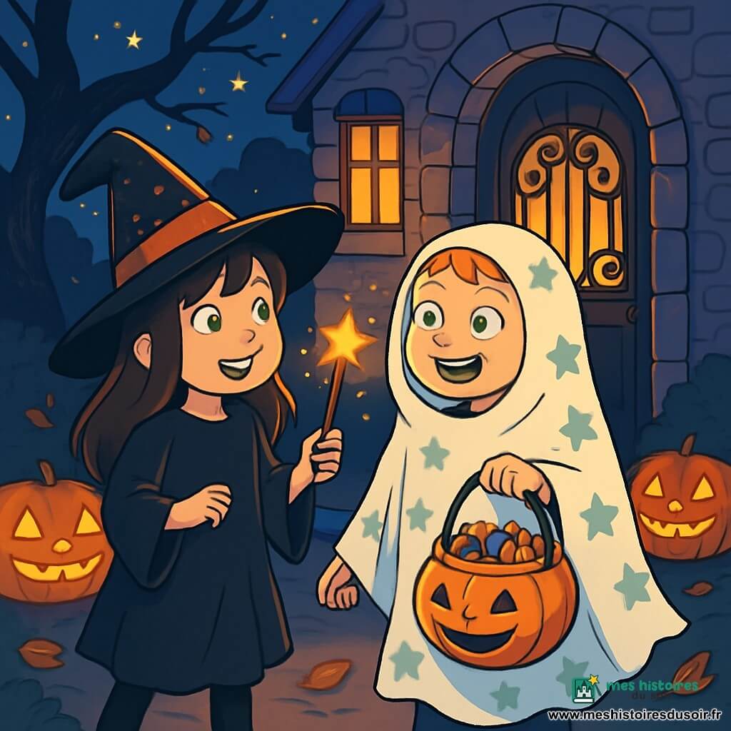 Il y a deux personnages principaux : Léa, une fille de 10 ans avec de longs cheveux bruns et des yeux pétillants, portant un costume de sorcière noir et tenant une baguette magique, et Zoé, également âgée de 10 ans, avec des cheveux blonds courts et un drap blanc représentant un fantôme, souriant avec un panier à bonbons. L'action se déroule devant une vieille maison en pierre, entourée d'arbres tordus, sous un ciel étoilé, avec des citrouilles sculptées illuminant le chemin. Léa et Zoé se tiennent devant la porte de la maison hantée, prêtes à frapper, échangent un regard complice, leurs visages éclairés par la lueur des citrouilles.