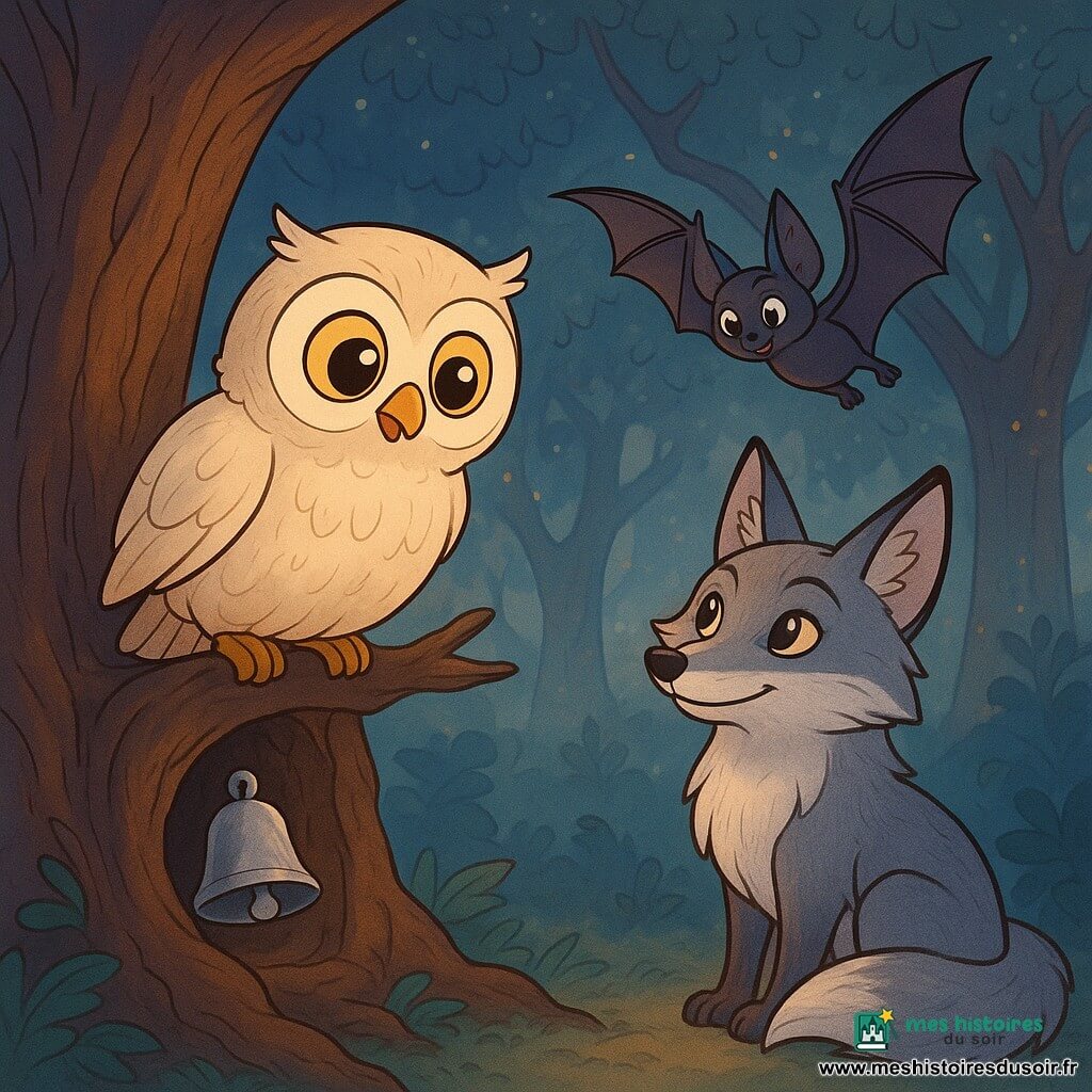 Plume, un petit hibou aux plumes douces, est perché sur une branche d'un arbre ancien, ses grands yeux brillants d'excitation. Il regarde une clochette d'argent perdue dans l'écorce, son cœur battant d'espoir. Ronce, une vieille renarde au pelage argenté, l'observe avec un sourire sage, tandis que Grin, une chauve-souris, vole autour d'eux. Ils se trouvent dans une forêt enchantée, baignée d'une douce lumière de crépuscule, où des ombres dansent entre les branches. Plume hésite, prêt à plonger dans l'inconnu pour retrouver la clochette, tandis que la nuit semble écouter son cœur.