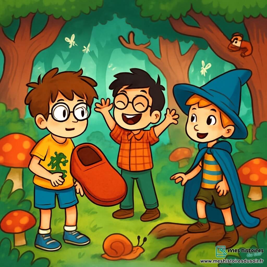 Trois personnages se trouvent dans la forêt de l’Oubli-Express : Arthur, un garçon de 10 ans avec des cheveux châtains en bataille, des lunettes rondes, un t-shirt jaune et un short bleu, tenant un chausson géant sous le bras ; Hugo, également âgé de 10 ans, avec des cheveux noirs, des lunettes épaisses, une chemise à carreaux rouges et un pantalon vert, riant joyeusement ; et Timothée, un garçon blond portant un chapeau pointu trop grand, une cape bleue et un t-shirt à rayures, émerveillé par le chausson. La forêt est peuplée d'arbres tordus, de buissons colorés, de champignons géants et de petites fées scintillantes. Les trois amis, surpris et joyeux, se tiennent prêts pour l'aventure, observés par des limaces géantes et des écureuils curieux.