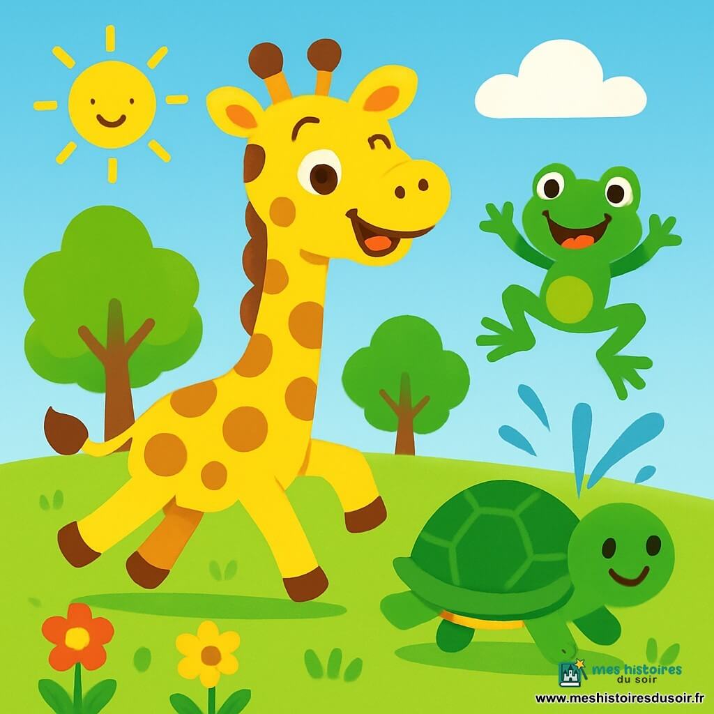 Gigi la girafe à pois jaunes et marron, avec un long cou et des yeux joyeux, saute dans la prairie, souriante. À côté, Boule la tortue, avec sa carapace verte, roule lentement sur l'herbe, tandis que Plouf la grenouille, pleine d'énergie, saute et éclabousse. Le décor est une prairie ensoleillée avec des fleurs colorées et des arbres verdoyants. Gigi, enthousiaste, s'apprête à faire le tour du village pour partager des rires et des jeux avec ses amis.
