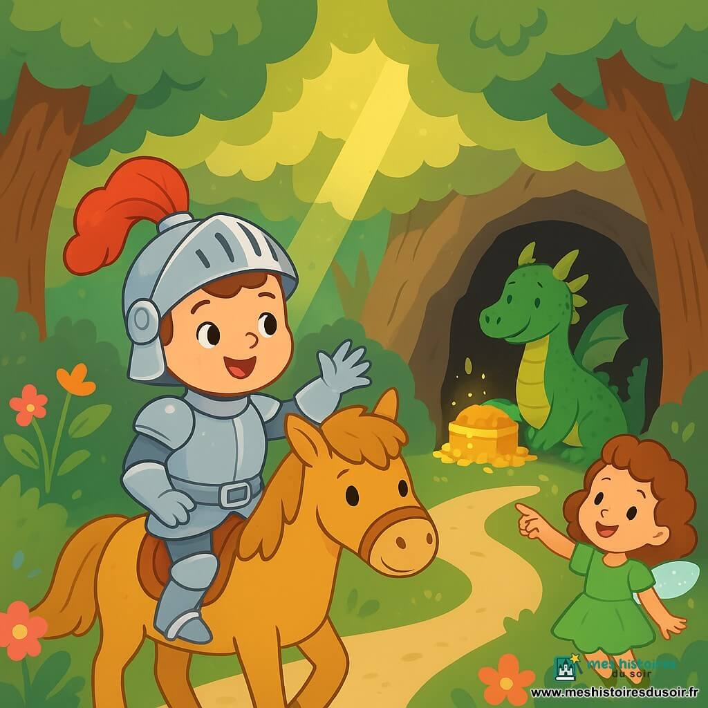 Un petit chevalier nommé Timéo, âgé d'environ 8 ans, porte une armure argentée et un casque avec une plume rouge. Il est sur son poney doré, exprimant excitation et curiosité. À ses côtés, une petite fée de 6 ans, avec des ailes scintillantes, vole joyeusement en pointant un chemin mystérieux dans une forêt magique. Cette forêt est peuplée de grands arbres noueux, de fleurs colorées et de rayons de lumière. Timéo et la fée s'approchent d'une grotte sombre où un dragon aux écailles vertes garde un trésor scintillant, créant une atmosphère d'aventure et de mystère.