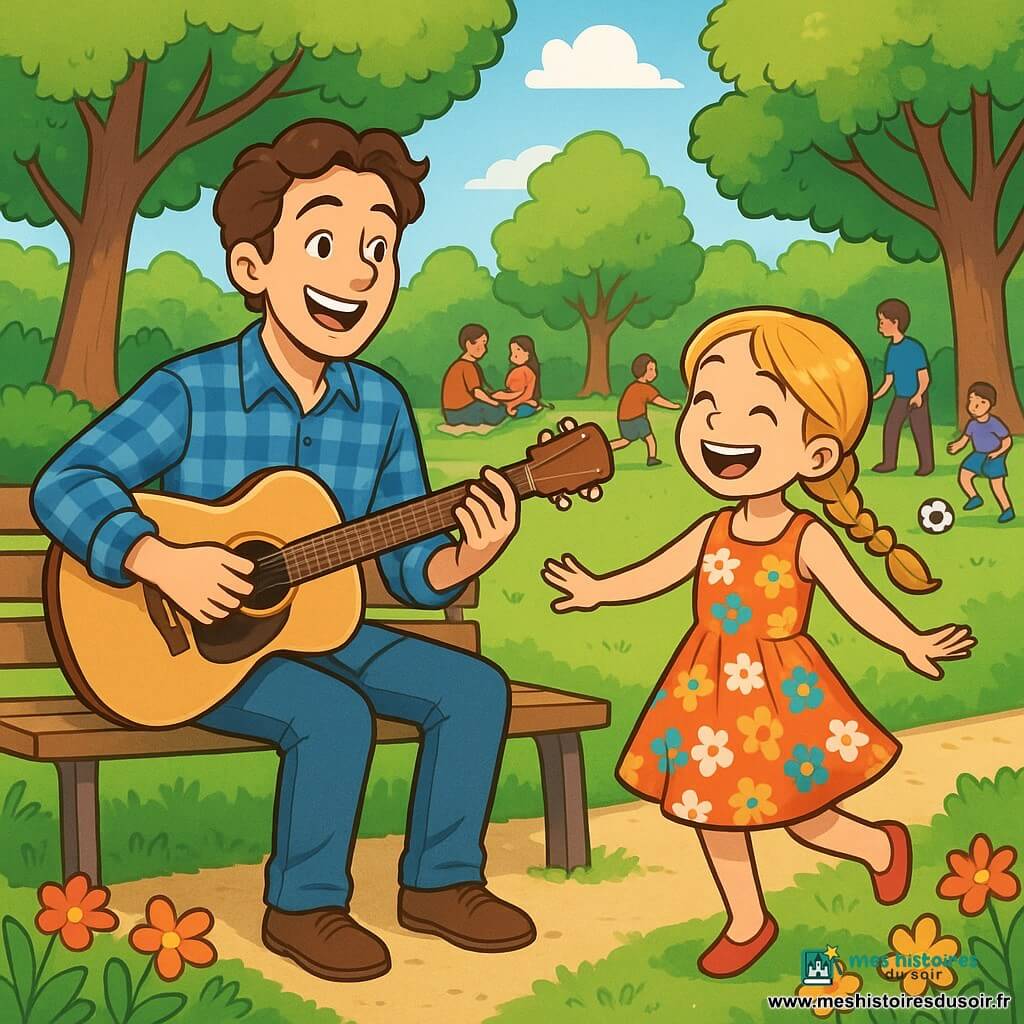 Victor, un homme d'une trentaine d'années, joue de la guitare sur un banc au parc. Il a des cheveux bruns ondulés, une chemise à carreaux bleue et un jean décontracté. Lisa, une petite fille de 8 ans avec des cheveux blonds tressés et une robe colorée à fleurs, danse devant lui, captivée par sa musique. Le parc est verdoyant avec de grands arbres, des fleurs colorées, et des familles profitant du soleil. Victor joue une chanson joyeuse pour un public ravi, tandis que Lisa danse, créant une atmosphère festive.