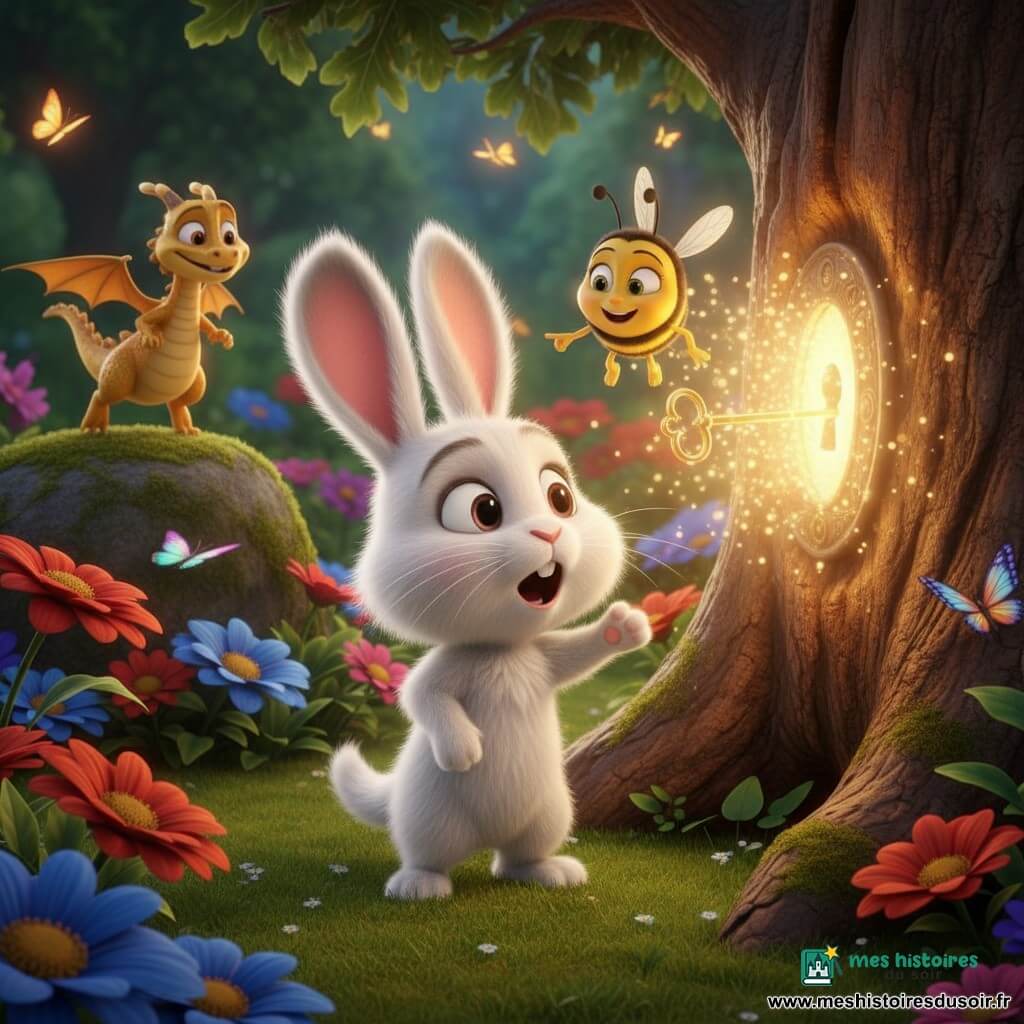 Un petit lapin blanc au pelage duveteux et aux grandes oreilles, debout sur ses pattes arrière, insère une petite clé dorée dans le trou lumineux d’un vieux chêne ; la clé active un portail qui jaillit d’une lumière chaude et scintillante avec des particules flottantes, créant une atmosphère d’émerveillement et d’aventure imminente ; à ses côtés, l’abeille Miel, jaune et noire, vole et pointe la clé, tandis qu’un dragon miniature aux écailles dorées observe la scène depuis une pierre dans un jardin magique d’herbe moelleuse parsemé de grandes fleurs colorées et de papillons multicolores.