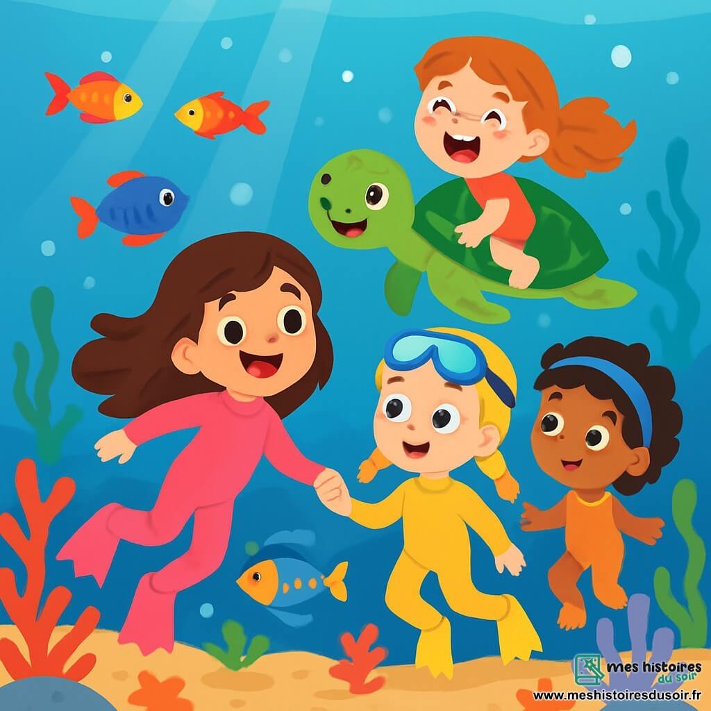 Quatre enfants nagent dans un monde sous-marin magique : Lila, 8 ans, souriante en combinaison de plongée rose ; Zoé, 7 ans, curieuse avec des tresses blondes et des lunettes de plongée ; Jade, 6 ans, émerveillée par des poissons colorés ; et Mia, 7 ans, riant sur le dos d'une tortue verte. Elles explorent un environnement rempli de coraux multicolores et de rayons de lumière, suivant une tortue vers des aventures sous-marines.