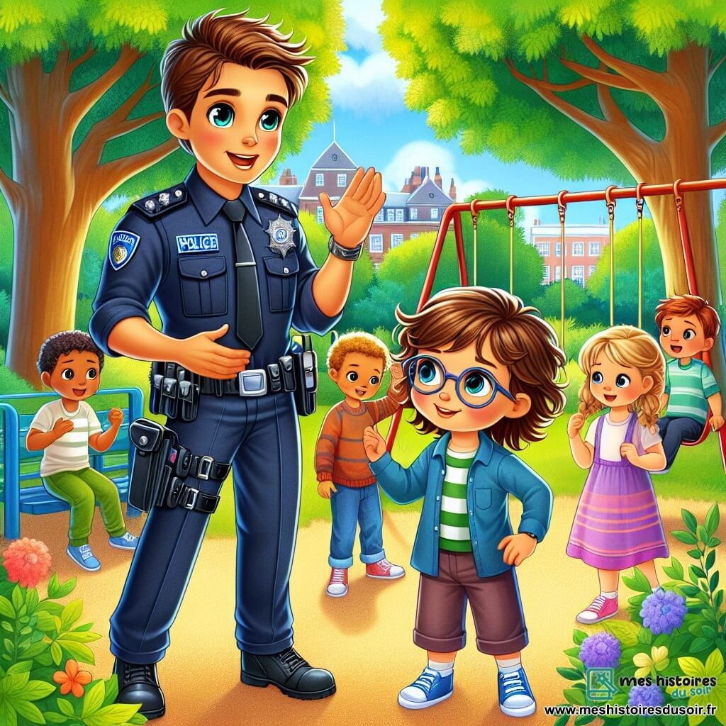 Un jeune policier en formation, Lucas, environ 25 ans, avec des cheveux châtains en bataille et des yeux curieux, sourit en parlant à un groupe d'enfants. Il porte un uniforme bleu marine avec une ceinture d'outils de sécurité. Parmi les enfants, Lila, 8 ans, en robe rose, et Timéo, 7 ans, avec des lunettes, écoutent attentivement. La scène se déroule dans un parc de Belleville, rempli d'arbres, de balançoires et de rires. Lucas explique l'importance de la sécurité et de la justice, encourageant les enfants à poser des questions et à partager leurs expériences, créant un moment d'apprentissage et de camaraderie.
