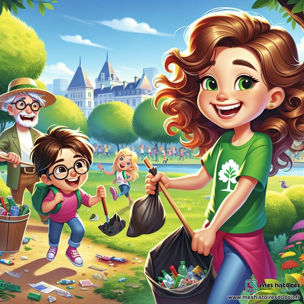 Léa, une fille de 12 ans aux cheveux châtains et bouclés, porte un t-shirt vert avec un dessin d'arbre. Elle sourit avec des yeux pétillants d'excitation en ramassant des déchets dans un parc ensoleillé. Son ami Léo, également âgé de 12 ans, blond et portant des lunettes, tient un sac poubelle et l'encourage. Monsieur Dupont, un homme âgé avec une barbe grise et un chapeau de paille, montre aux enfants comment trier les déchets. Le parc est verdoyant avec des arbres, des fleurs et un ciel bleu. Les enfants jouent sur l'herbe pendant que d'autres ramassent des déchets et apprennent à recycler, motivés par leur envie de protéger la planète.