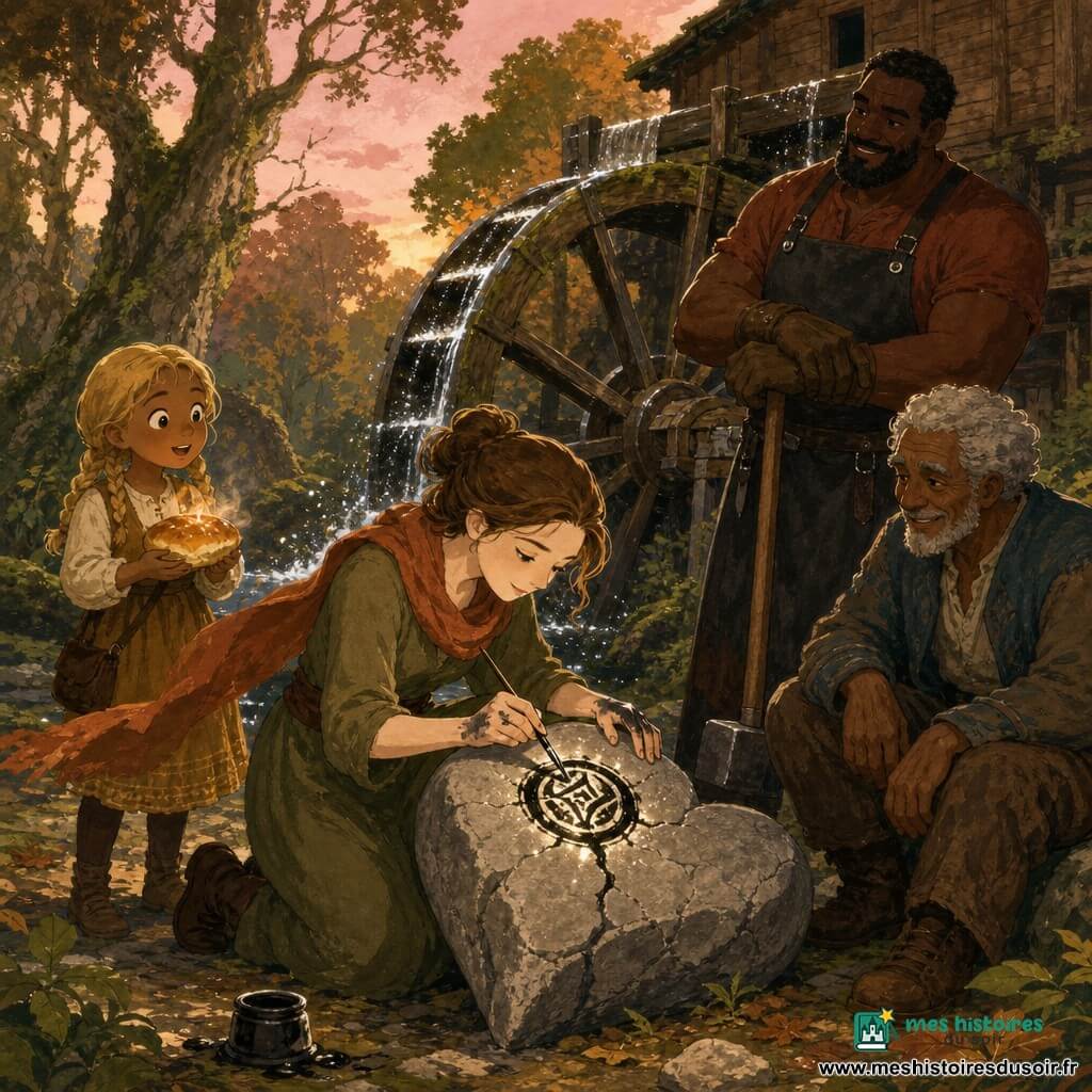 Liora, calligraphe d’environ 30 ans, genou à terre devant une pierre fissurée, trace un sceau noir lumineux à la plume, cheveux châtains attachés, mains tachées d’encre, robe kaki et écharpe rouille; une fillette de 8 ans aux tresses blondes tient un petit pain et la regarde émerveillée à gauche; un forgeron d’environ 40 ans en tablier de cuir, appuyé sur son marteau, sourit soulagé à l’arrière droit; un ancien meunier d’environ 70 ans, cheveux gris et veste usée, est assis près de la roue, la main sur le bois, ému et reconnaissant; au bord d’une forêt dense, un vieux moulin en bois à grande roue mouillée commence à tourner tandis que des filets d’eau argentée jaillissent, le ciel d’automne pâle et les villageois observent, atmosphère chaleureuse et héroïque, couleurs chaudes et textures de gouache.
