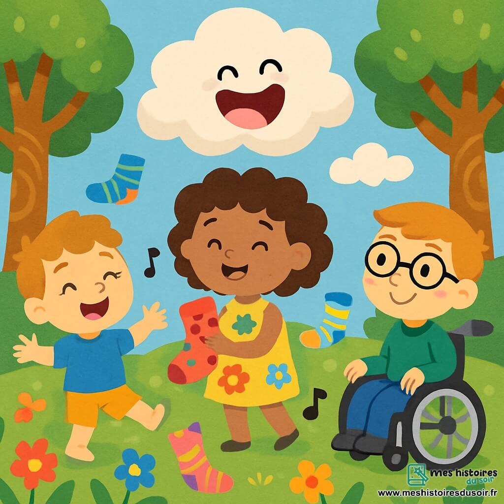 Il y a trois personnages : Mia, une petite fille de 7 ans aux cheveux bouclés et portant une robe colorée à fleurs, tenant une chaussette rouge à pois verts ; Lucas, un garçon de 6 ans avec des joues rondes, vêtu d'un t-shirt bleu et d'un short jaune, dansant avec enthousiasme à gauche de Mia ; et Tom, un garçon de 8 ans assis dans un fauteuil roulant, portant des lunettes et un pull vert, admirant ses amis à droite de Mia. L'histoire se déroule dans un jardin enchanté rempli de fleurs multicolores et de nuages en guimauve. Les personnages dansent joyeusement avec une chaussette magique qui chante, tandis qu'une guimauve géante rit, créant une atmosphère festive.