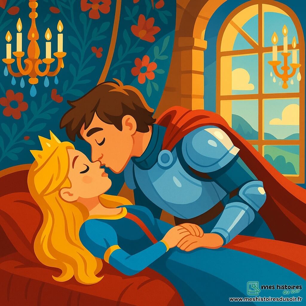 La princesse Léa, d'une beauté éclatante, est allongée sur un lit de velours rouge dans une chambre de château, avec ses longs cheveux dorés sur l'oreiller et un léger sourire. À ses côtés, un prince courageux de 20 ans, en armure étincelante, se penche vers elle avec espoir et amour, prêt à l'embrasser pour la réveiller. La chambre est décorée de tapisseries florales et de chandeliers en cristal, baignée par la lumière dorée du soleil. Le moment crucial montre le prince déposant un baiser tendre sur les lèvres de la princesse, brisant le sortilège qui la maintenait endormie.