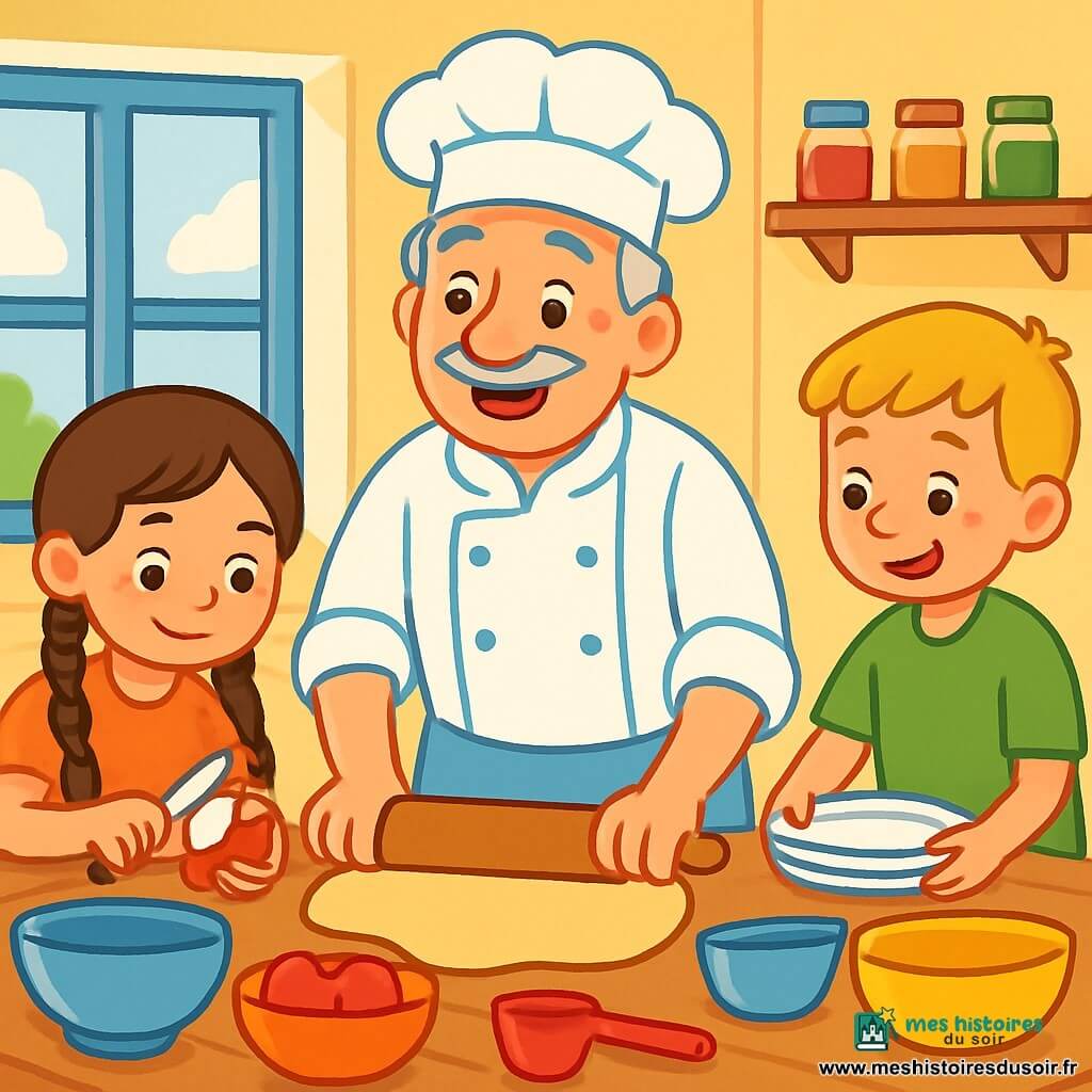 Un chef cuisinier d'une cinquantaine d'années, souriant, porte un chapeau blanc et un tablier. Il roule une pâte sur une table en bois, entouré de bols et d'ustensiles colorés. Lina, une fille de 10 ans avec des tresses brunes, épluche des pommes, tandis que Tom, un garçon de 8 ans aux cheveux blonds, range la table. La scène se déroule dans une cuisine lumineuse aux murs jaunes, avec des étagères remplies de pots d'épices. Le chef Hugo, heureux, prépare une tarte aux pommes avec l'aide enthousiaste de Lina et Tom, créant une ambiance joyeuse.