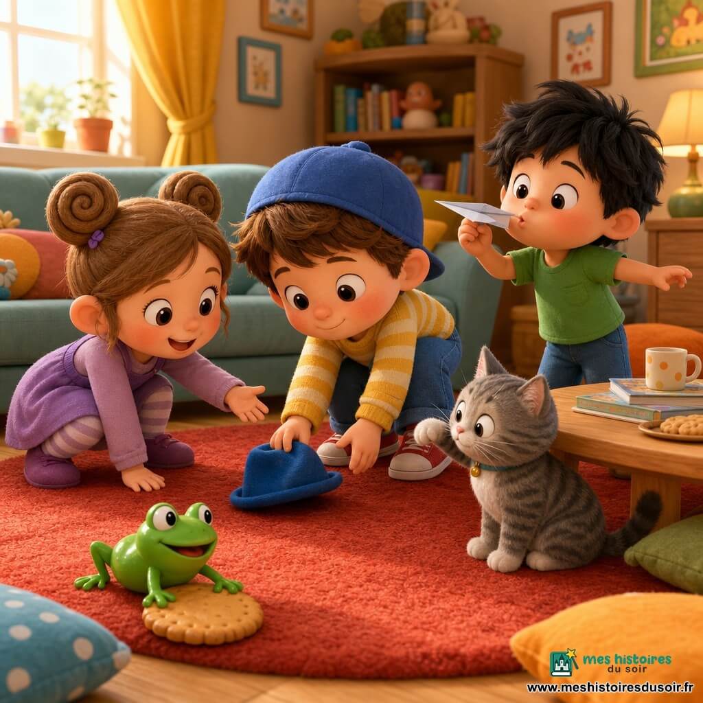 Timothée, 4 ans, visage rond et joues roses, casquette bleue et pull jaune rayé, se penche pour ramasser un petit chapeau bleu; Lila, 4 ans, tresses en escargot et robe violette, accroupie à gauche, tend la main en souriant; Sami, 4 ans, cheveux noirs en bataille et t-shirt vert, à droite, souffle en faisant semblant d'être un avion en papier, regard joueur; une grenouille-jouet verte, Mado, est posée sur le tapis; le chat gris rayé du voisin, Maxou, près de la table basse, patte levée, observe la scène; salon chaleureux avec tapis rond rouge, table basse en bois clair, coussins colorés, lumière matinale et une petite assiette de biscuits; composition centrée sur le chapeau bleu tombé sous la table et les mains qui s'en approchent, expressions joyeuses et couleurs vives.