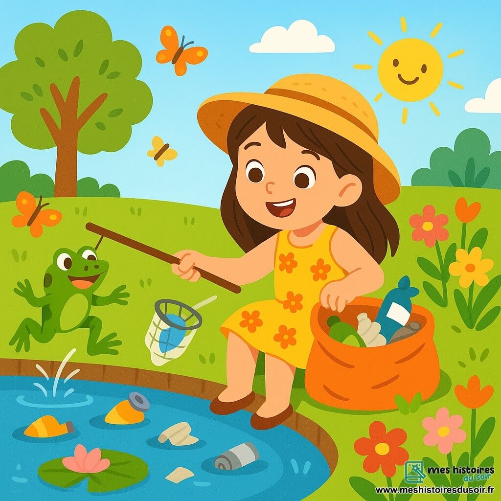 Une petite fille de 6 ans, aux longs cheveux bruns et aux yeux curieux, est assise au bord d'un étang. Elle porte une robe jaune à fleurs et un chapeau de paille, souriant en observant les grenouilles. À côté d'elle, une grenouille verte nommée Gaston saute joyeusement d'un nénuphar à l'autre. Le jardin est enchanteur, rempli de fleurs colorées et de papillons, sous un ciel bleu. Léa et Gaston nettoient l'étang, ramassant des déchets colorés avec enthousiasme, transformant cet endroit en havre de paix pour les animaux.