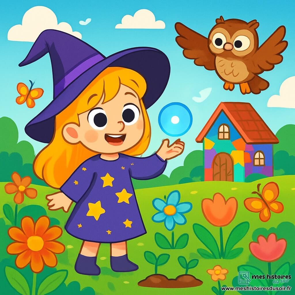 Une jeune sorcière nommée Lila, aux grands yeux curieux et aux cheveux dorés, se tient joyeusement dans un jardin magique rempli de fleurs éclatantes. Elle porte une robe violette ornée d'étoiles et sourit en tenant une boule de lumière bleue. À ses côtés, Hugo, un hibou sage aux plumes brunes, vole doucement, observant Lila avec fierté. Le jardin enchanteur, avec des fleurs colorées, des papillons et un ciel bleu, est agrémenté d'une maison en pierres magiques qui change de couleur. Lila, pleine de joie, plante des graines tandis que les fleurs éclosent autour d'elle, illuminant le paysage.