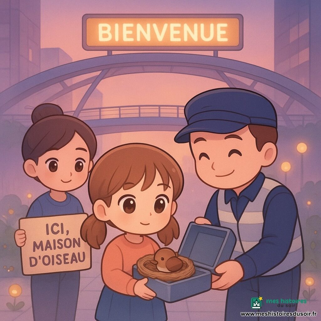 Lina, 10 ans, visage rond, grands yeux brillants, cheveux châtain clair en deux couettes, expression déterminée et sereine, tient délicatement un petit nid dans une caissette de mousse près d’un boîtier réparé ; à sa droite, un agent de circulation quarantennaire au gilet argenté réfléchissant, souriant et penché vers elle, tient la caissette ouverte ; un collègue femme trentenaire aux cheveux en chignon, un peu en arrière à gauche, apporte une pancarte “ICI, MAISON D’OISEAU” avec un regard bienveillant. Lieu : passerelle aérienne moderne suspendue entre deux tours, sol en dalles grises, garde-corps végétalisés, panneaux solaires plats et petites lampes rondes, panneau lumineux “BIENVENUE” qui se rallume. Ambiance : brume fine et fraîche en halo, lumière crépusculaire violet-orange, petits robots-fleurs et bulbes lumineux en arrière-plan, atmosphère chaleureuse et calme ; Lina vient de replacer le nid, le boîtier cliquette réparé, tous observent avec soulagement ; style coloré, lignes nettes, proportions chibi, palette pastel.
