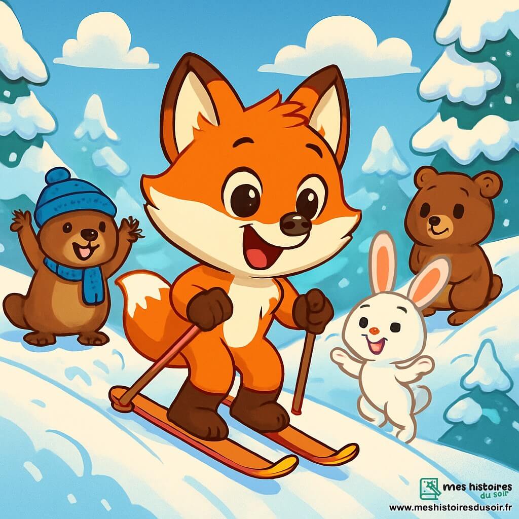Un petit renard aux yeux pétillants et à la fourrure rousse glisse joyeusement sur des skis dans une colline enneigée, souriant d'excitation. À ses côtés, un castor au bonnet bleu et à l'écharpe rayée l'encourage en levant les bras depuis une plateforme de neige. Plus loin, une lapine blanche applaudit en sautillant, tandis qu'un ourson brun se prépare à descendre. La scène se déroule dans une forêt magique avec des arbres couverts de neige et un ciel bleu parsemé de nuages. Les autres animaux admirent le renard, qui découvre le plaisir du ski et l'esprit d'équipe entouré de ses amis.