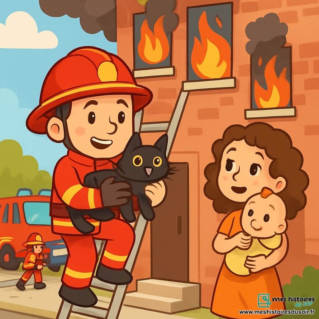 Lucas, un jeune pompier souriant et déterminé, descend une échelle en tenant un chat noir, affichant fierté et soulagement. À ses côtés, une maman d'une trentaine d'années admire son acte tout en tenant son bébé, vêtue d'une robe légère et semblant soulagée près de la porte de l'immeuble en feu. L'immeuble en briques rouges est envahi par des flammes et de la fumée noire, tandis que d'autres pompiers s'affairent autour, avec des camions rouges garés sur le trottoir. Lucas sauve le chat coincé, illustrant l'héroïsme des pompiers.