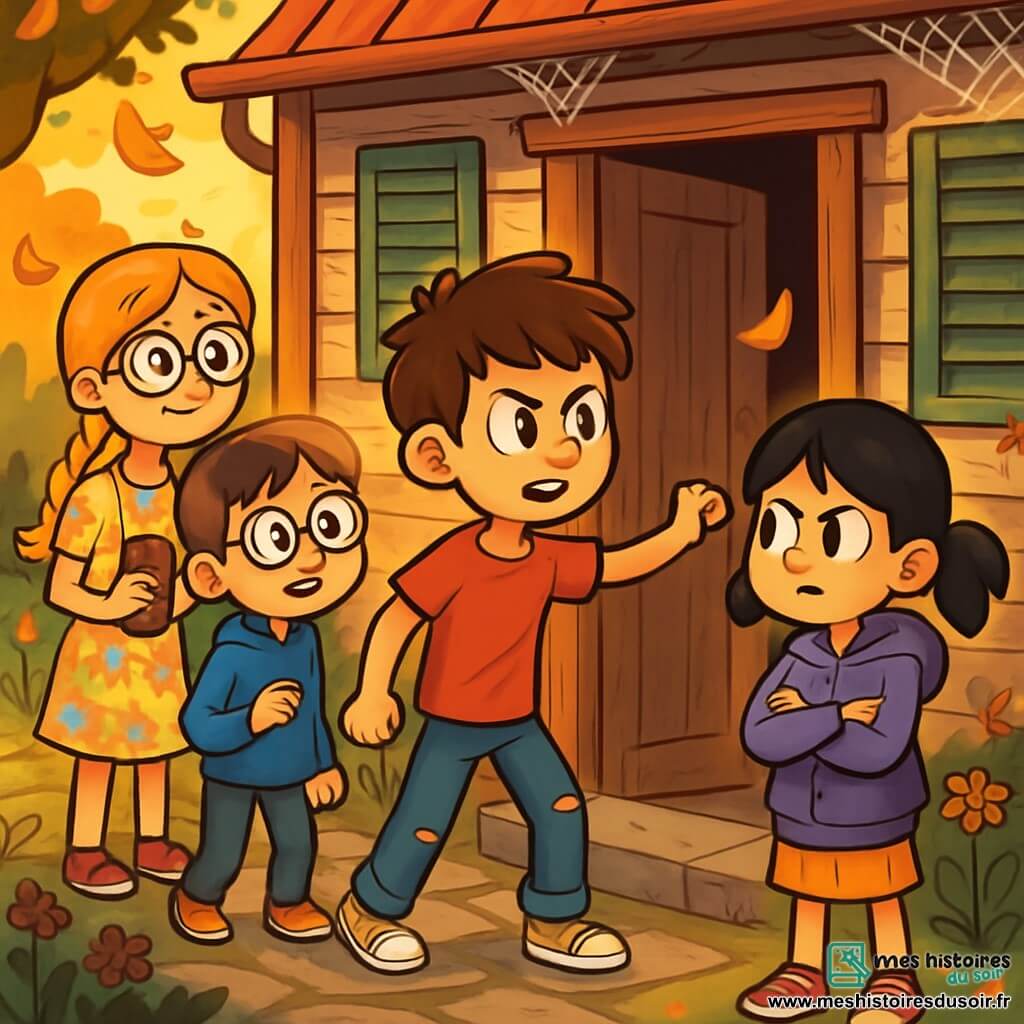 Quatre enfants se tiennent devant une vieille maison au bout d'un chemin, entourée d'un jardin sauvage. Lucas, 10 ans, cheveux bruns en bataille, t-shirt rouge et jean déchiré, est déterminé à entrer. Emma, 9 ans, avec des cheveux blonds tressés et lunettes rondes, sourit en tenant un carnet. Théo, 10 ans, cheveux châtains et lunettes épaisses, regarde la maison avec inquiétude, tandis que Léa, 9 ans, cheveux noirs en couettes et sweat violet, affiche une attitude déterminée à côté de Lucas. La maison en bois, avec des volets verts écaillés et un toit en tuiles rouges, crée une atmosphère mystérieuse, accentuée par le soleil couchant et les feuilles dorées tourbillonnant autour d'eux. Les enfants hésitent à entrer, Lucas pousse la porte grinçante, tandis qu'Emma, Théo et Léa échangent des regards d'excitation et d'appréhension.