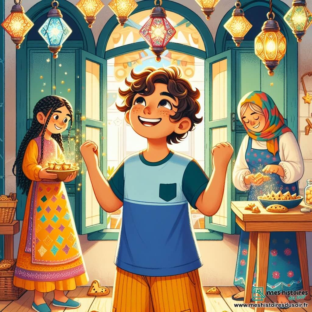 Un garçon de 8 ans, Sami, aux cheveux bruns et bouclés, sourit émerveillé devant une fenêtre décorée de lanternes colorées. Il porte un t-shirt bleu et un short jaune, levant les bras comme s'il célébrait quelque chose de magique. À ses côtés, sa grande sœur Lina, 12 ans, avec de longs cheveux noirs tressés, prépare des gâteaux en forme d'étoiles sur une table en bois, souriant en regardant Sami. Leur maman, une femme d’une trentaine d’années avec un foulard coloré, dispose des brioches dorées sur une assiette. La maison familiale est accueillante, avec des murs jaunes et des décorations traditionnelles, créant une atmosphère festive. Sami est émerveillé par les lanternes, prêt à partager la magie du Ramadan avec sa famille et ses amis, entouré de rires et de douceurs.