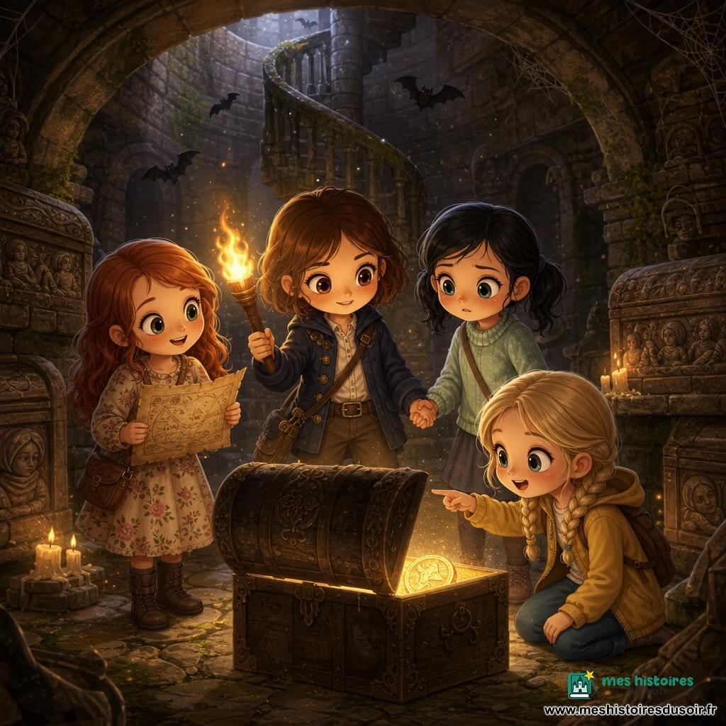 Quatre fillettes dans une crypte sous une vieille bibliothèque : Léa, ~11 ans, cheveux châtain courts, veste bleu marine, tient la torche au centre, regard courageux vers un coffre ancien entrouvert ; Clara, ~10 ans, cheveux longs roux, robe à fleurs, tient une carte parchemin à gauche de Léa, souriante et curieuse ; Emma, ~11 ans, cheveux noirs en couette, pull vert pâle, à droite de Léa, une main serrant celle de Léa, un peu inquiète mais rassurée ; Zoé, ~10 ans, cheveux blonds en tresses, veste jaune, légèrement en avant près du coffre, rit et pointe le coffre. La crypte a un escalier en colimaçon, murs de pierre couverts de mousse et toiles d'araignée, sarcophages gravés, chandelles vacillantes et petites chauves‑souris en silhouettes ; au centre le médaillon doré dans le coffre émet une lueur chaude qui éclaire leurs visages chibi, poussière scintillante dans l'air, ambiance légèrement effrayante mais douce et rassurante.