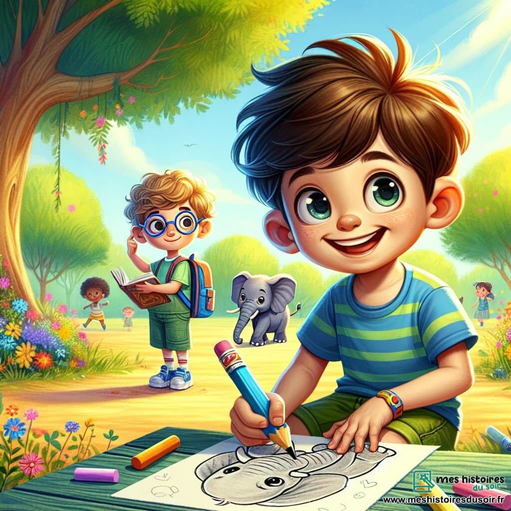 Lucas, un garçon de 7 ans aux cheveux bruns en bataille et aux yeux curieux, est assis sur un banc dans la cour de récréation, souriant tout en dessinant un éléphant avec un crayon coloré. À côté, son ami Maxime, 8 ans, portant des lunettes rondes et un t-shirt bleu, l'observe avec admiration, tenant un livre sur les animaux. La cour est ensoleillée, entourée de fleurs et d'arbres, avec d'autres enfants jouant au loin. Lucas et Maxime collaborent sur un projet scolaire, échangeant idées et rires, illustrant l'importance de l'amitié.