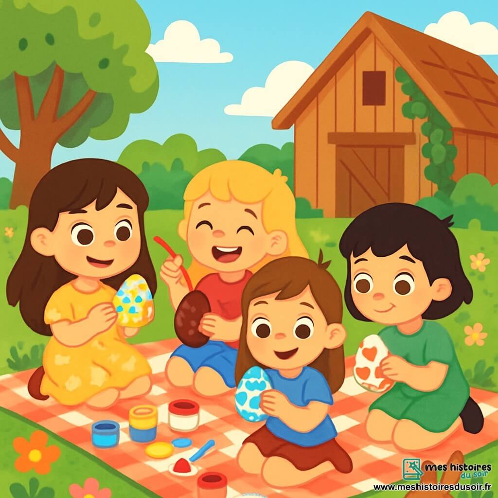 Quatre enfants décorent des œufs pour Pâques dans un jardin en fleurs. Clara, Lila, Emma et Zoé, toutes âgées de 6 ans, utilisent des peintures et des pinceaux. Clara a de longs cheveux bruns et porte une robe jaune, Lila a des cheveux blonds et une blouse rouge, Emma a des cheveux châtains et un t-shirt bleu, et Zoé a des cheveux noirs et une robe verte. Ils sont assis sur une nappe en vichy rouge et blanc, entourés de pots de peinture et de paillettes. En arrière-plan, une ferme avec une grange en bois et un ciel bleu clair complète la scène. Un lapin nommé Biscuit les observe, ajoutant une touche de magie à ce moment joyeux.
