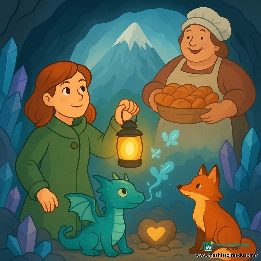 Liane, une jeune femme déterminée et douce, se tient au pied d'une montagne majestueuse. Elle porte un manteau de laine verte et tient une lanterne brillante. À ses côtés, un petit dragon nommé Brume, aux écailles bleu-vert, souffle de la fumée en forme de papillons. Non loin, une renarde nommée Silex, au pelage automnal, observe les environs. À l'arrière-plan, Berta la Boulangère-Géante, avec un tablier rempli de pains chauds, sourit. La scène se déroule dans une caverne aux cristaux scintillants, au cœur de la Montagne d'Écume, où une lumière douce émane d'un rocher en forme de cœur. Liane et ses amis rassemblent des noms anciens pour apaiser la montagne, une scène empreinte de magie et de camaraderie.