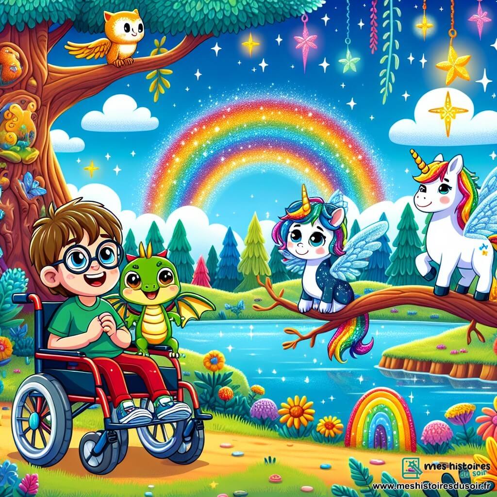 Dans un monde magique, un garçon de neuf ans nommé Tom, avec des cheveux bruns et des lunettes, est assis dans un fauteuil roulant coloré. À ses côtés se trouvent un petit dragon vert nommé Flamme, une licorne étincelante nommée Étoile, et un hibou sage nommé Sagesse. Le décor est féerique, avec des arbres aux troncs colorés, des fleurs vives, et une rivière de limonade scintillante sous un ciel bleu. Tom et ses amis jouent près de la rivière, tandis qu'un arc-en-ciel lumineux symbolise l'espoir et la magie de l'amitié.