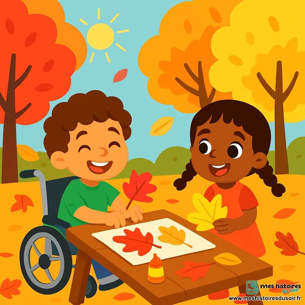 Léo, un garçon de 7 ans aux cheveux bouclés, est assis dans son fauteuil roulant, entouré de feuilles colorées. À côté de lui se trouve Mia, une fille de 6 ans avec des tresses et des yeux pétillants, tenant une feuille rouge. L'action se déroule dans un parc d'automne avec des arbres aux feuilles flamboyantes et un sol recouvert de feuilles rouges, jaunes et oranges. Léo et Mia créent un collage d'automne sur une table en bois, riant joyeusement tandis que Léo colle une feuille rouge et Mia ajoute une feuille jaune. L'atmosphère est joyeuse et colorée, capturant la magie de l'automne.