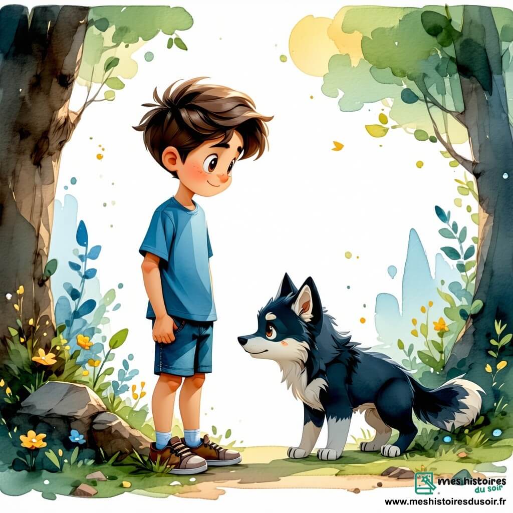 Un garçon de 12 ans, Lucas, aux cheveux bruns en bataille et aux yeux curieux, se tient au centre de la scène. Il porte un t-shirt bleu et un short en denim, son visage mêlant inquiétude et détermination alors qu'il s'approche d'un petit loup blessé, Luma, qui a une fourrure noire brillante et des yeux dorés, regardant Lucas avec gratitude. La scène se déroule dans une forêt enchantée, avec de grands arbres majestueux et des fleurs colorées. Lucas, courageux et compatissant, s'agenouille près de Luma, prêt à l'aider, dans une atmosphère tendue mais pleine d'espoir, marquant le début d'une amitié entre un garçon et un loup.