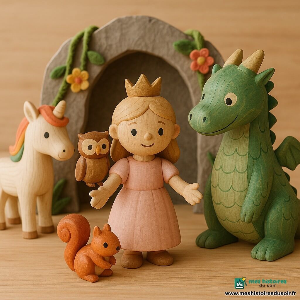 La princesse Étoile, fillette d'environ 8 ans, sourit doucement et tend la main ; poupée en bois peinte robe rose pâle et couronne dorée, face à un grand dragon en bois vert aux écailles peintes, incliné comme pour écouter ; Oliver le hibou, petite pièce brune aux yeux blancs, perché sur son épaule droite ; Toupie l'écureuil, mini figurine rousse à queue en spirale, au pied gauche ; Lune la licorne blanche à crinière arc‑en‑ciel, placée derrière comme protectrice ; décor : entrée de grotte en carton gris, lianes en laine verte et petites fleurs en feutrine sur une table en bois clair ; scène centrée et chaleureuse, couleurs chaudes et textures boisées.