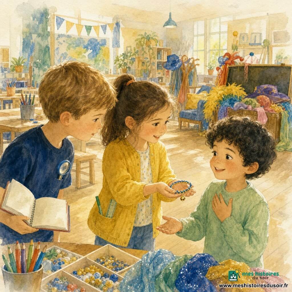 Trois enfants sont autour d'une petite table dans une grande salle lumineuse d'un hub associatif : Inès (7 ans, queue de cheval, petit gilet jaune) tend au centre un bracelet bleu et jaune avec un grelot, Léo (7 ans, cheveux châtain clair, t-shirt bleu marine) à gauche tient un carnet et observe sérieux et curieux, Nino (6–7 ans, cheveux noirs bouclés, pull vert pâle) à droite reçoit le bracelet en souriant timidement, main sur la poitrine, ambiance chaleureuse et bienveillante, expressions de soulagement et de fierté, décor en parquet clair, tables en bois avec fournitures et une boîte de déguisements, palette aquarelle douce aux tons jaune, bleu et vert.