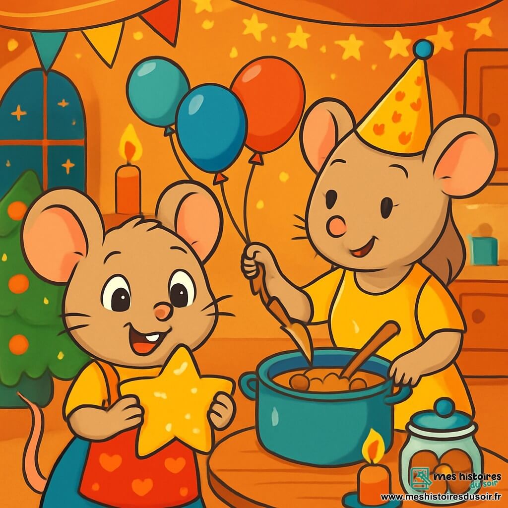 Mimi la Souris, une petite souris curieuse aux grandes oreilles, est au centre de l'image avec un tablier rouge décoré de cœurs, tenant un biscuit étoilé et souriant de joie. À côté d'elle, Maman Souris, au pelage soyeux et portant un chapeau de fête pailleté, prépare une soupe aux noisettes avec un sourire chaleureux. Dans un coin, Papa Souris, plus grand avec une moustache frisée et un nœud papillon, gonfle des ballons colorés, fier de sa famille. La scène se déroule dans une cuisine accueillante décorée pour le Nouvel An, illuminée par des bougies, créant une ambiance joyeuse. Mimi, enthousiaste, découvre le biscuit étoilé, symbole de la magie du Nouvel An, tandis que sa famille se prépare à célébrer ensemble.