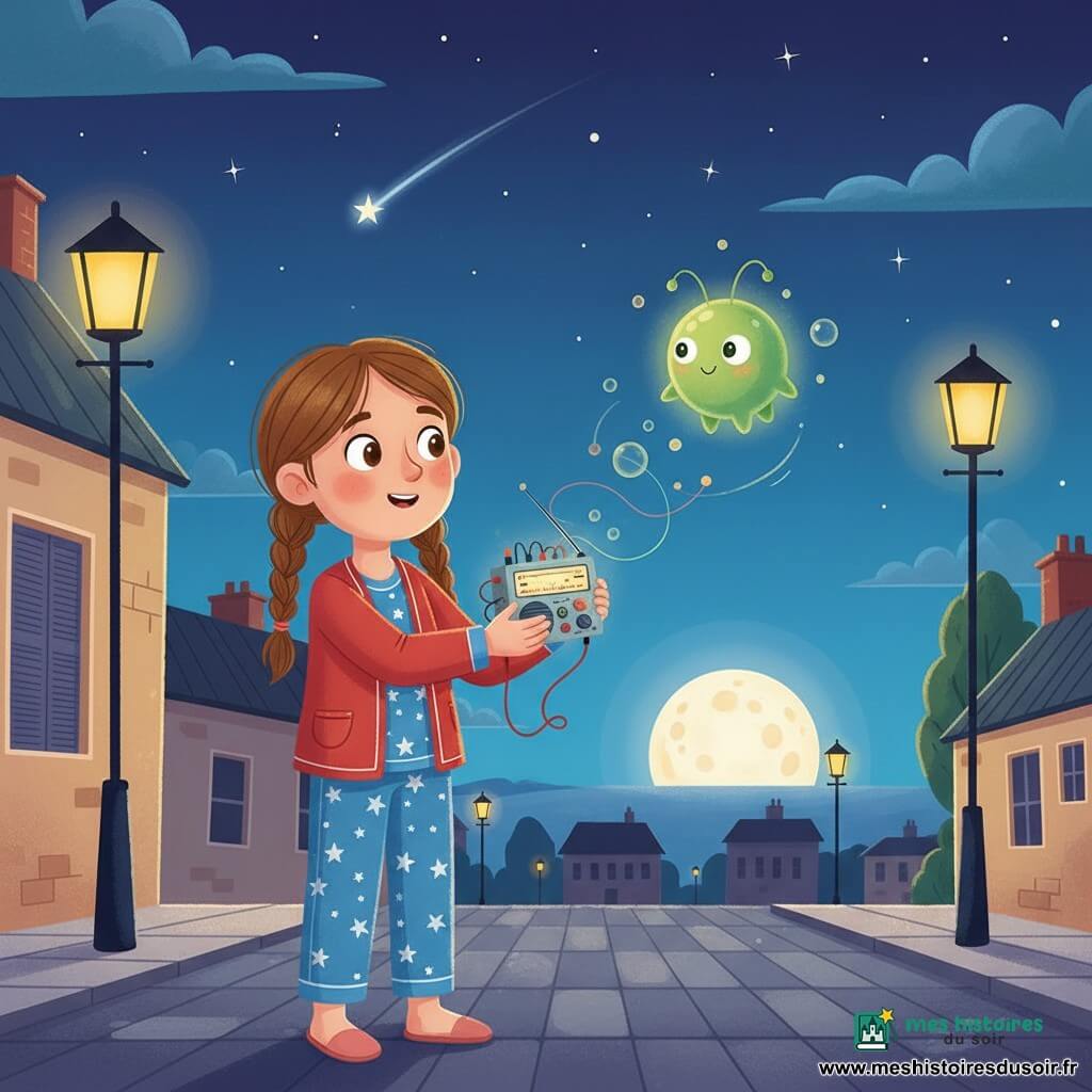 Lina, 10 ans, cheveux châtains en deux nattes, en pyjama bleu à étoiles et gilet rouge, tient une petite radio bricolée qui clignote sur le trottoir la nuit ; une petite créature extraterrestre lumineuse, boule verte aux yeux scintillants et fines antennes, flotte à quelques mètres en émettant des bulles de lumière ; autour d’eux des lampadaires jaunes, des maisons aux volets fermés, une grande lune basse et une étoile mobile ; Lina tend la radio vers la créature, sourire timide et regard émerveillé, la créature répond par des ondes colorées dans une ambiance magique et chaleureuse.