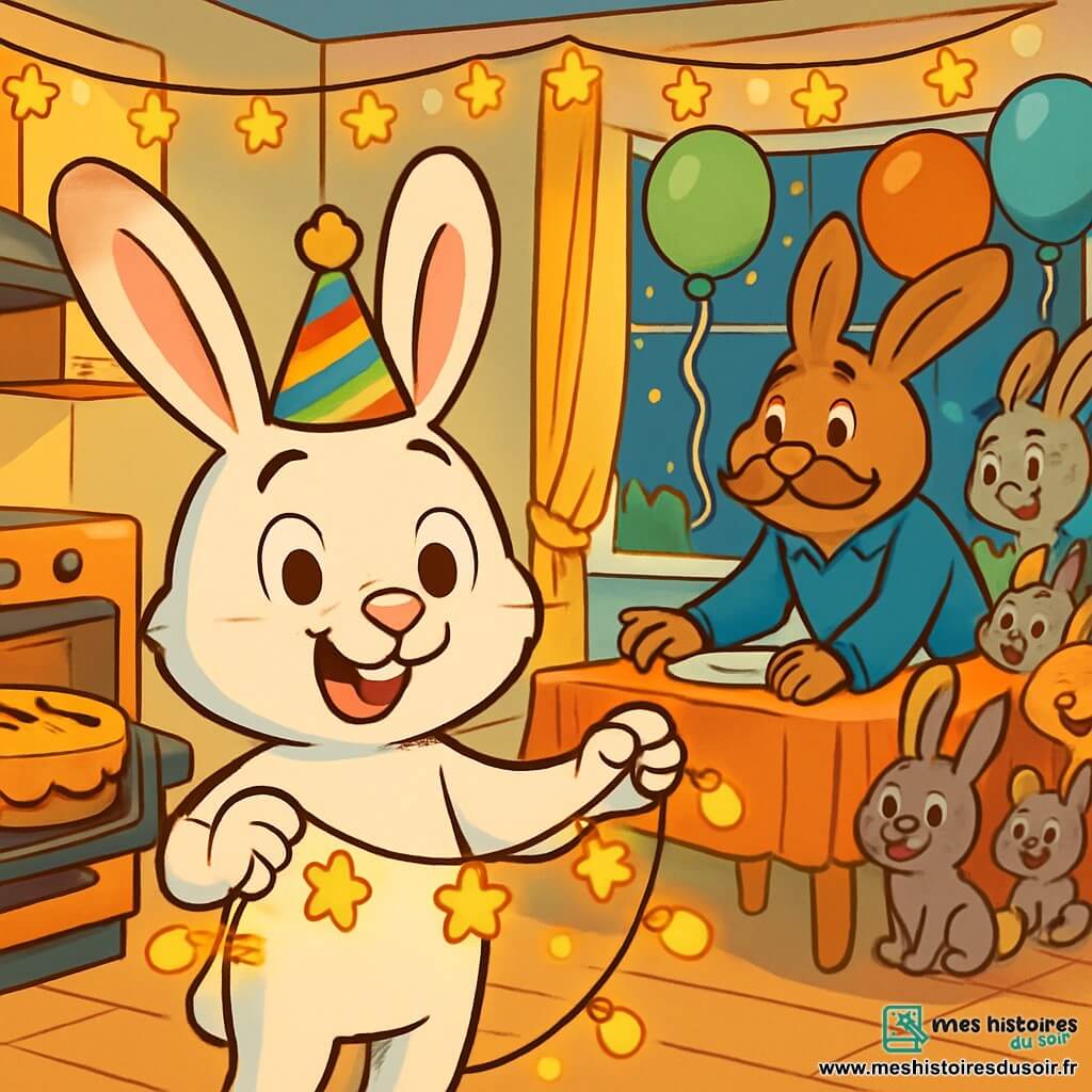 Un jeune lapin nommé Léo, aux grandes oreilles et à la fourrure blanche, sourit joyeusement. Il porte un chapeau de fête et tient des guirlandes scintillantes. À ses côtés, sa maman, une lapine brune, sort un gâteau aux carottes du four, fière et chaleureuse. Son papa, un lapin robuste avec une moustache, prépare une grande table décorée de ballons colorés. La scène se déroule dans un salon accueillant, illuminé par des guirlandes et la lumière de la lune, où des amis lapins et d'autres animaux se rassemblent pour célébrer le Nouvel An. L'ambiance est festive et colorée.