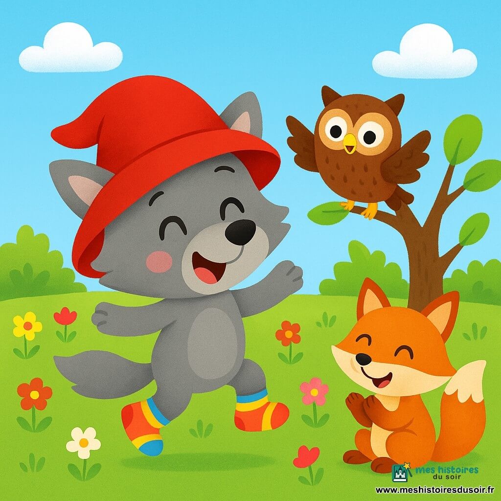 Loulou le petit loup, avec son pelage gris et ses grands yeux pétillants, saute de bonheur dans un champ verdoyant. Il porte un chapeau rouge trop grand et ses chaussons multicolores font un bruit amusant à chaque saut. À ses côtés, sa meilleure amie, Chloé la petite chouette, rit en battant des ailes, perchée sur une branche. Un peu plus loin, Max le renard, avec son pelage orange vif, applaudit en souriant, assis sur l'herbe. Le champ est fleuri, avec des fleurs colorées dansant sous le vent, un ciel bleu éclatant et quelques nuages. Loulou et ses amis jouent à cache-cache, riant et s'amusant ensemble dans une ambiance joyeuse.