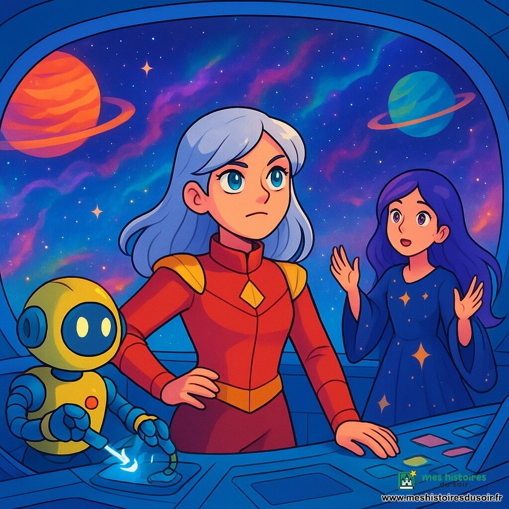 La capitaine Lysia, jeune femme aux cheveux argentés et aux yeux brillants, se tient sur le pont de son vaisseau spatial, le Sélénis, affichant une détermination éclatante en observant l'espace à travers une baie d'observation. À ses côtés, Jax, un robot bricoleur, ajuste des outils, tandis que Nova, une magicienne astrale aux longs cheveux violets, écoute le chant des étoiles. Le vaisseau est entouré de nébuleuses multicolores et de planètes éclatantes. Lysia prend une décision cruciale pour guider son équipage vers l'inconnu, avec Jax et Nova l'observant avec admiration.