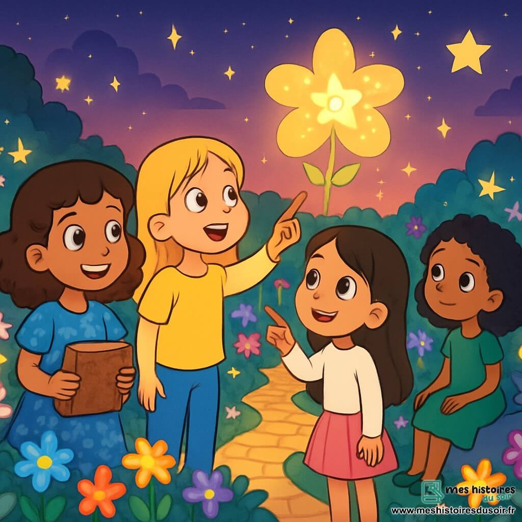 Il y a quatre enfants : Clara, une fille de 10 ans aux cheveux châtains et bouclés, souriante avec un livre ancien, se tient à gauche ; Emma, également âgée de 10 ans, avec des cheveux blonds et lisses, vêtue d'un t-shirt jaune et d'un jean, regarde émerveillée le paysage au centre ; Lila, 10 ans, aux cheveux bruns et longs, en jupe rose et pull blanc, pointe une étoile brillante à droite ; Zoé, 10 ans, avec des cheveux noirs et frisés, habillée d'une robe verte, est assise sur une pierre, observant le jardin à l'extrême droite. L'action se déroule dans le Jardin des Étoiles, un lieu féerique aux fleurs scintillantes et aux étoiles brillantes. Les amies sont émerveillées devant une étoile en forme de fleur portant l'inscription « L’amitié est un trésor », réalisant l'importance de leur lien et des leçons de vie apprises ensemble.