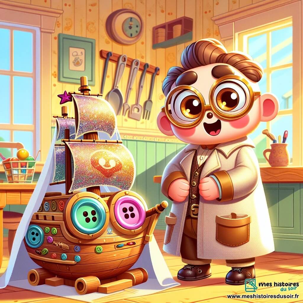 Biscuit, un petit robot rond et coloré avec des yeux en forme de boutons multicolores, dévoile un magnifique bateau pirate en bois, brillant et décoré de paillettes, avec un grand sourire de fierté. Monsieur Bricolo, un inventeur jovial avec des lunettes rondes et une blouse de travail, se tient à côté de lui, surpris et heureux, s'approchant pour admirer le cadeau. La scène se déroule dans une cuisine chaleureuse, baignée de lumière du matin, avec des murs jaunes pastel et une table en bois encombrée d'outils et de jouets. Biscuit révèle le bateau pirate à son papa pour la fête des pères, créant un moment magique de partage et d'amour.