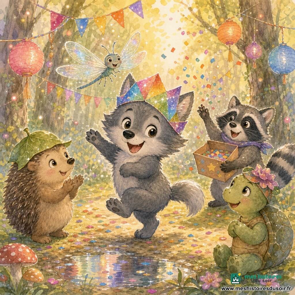 Loupi, petit loup gris au pelage duveteux et aux grands yeux ronds, danse sur ses pattes arrière en montrant un chapeau en papier arc‑en‑ciel scintillant ; Lila, libellule aux ailes irisées, vole au‑dessus en riant, Gaspard le hérisson rond à chapeau de feuilles applaudit timidement à gauche, Zoé la tortue à carapace verte et petit chapeau de fleurs sourit à droite, et Max le raton laveur malicieux tient une boîte de confettis derrière eux, le tout dans une clairière décorée de guirlandes, lanternes et fanions, confettis en l'air et lumière douce de fin d’après‑midi.