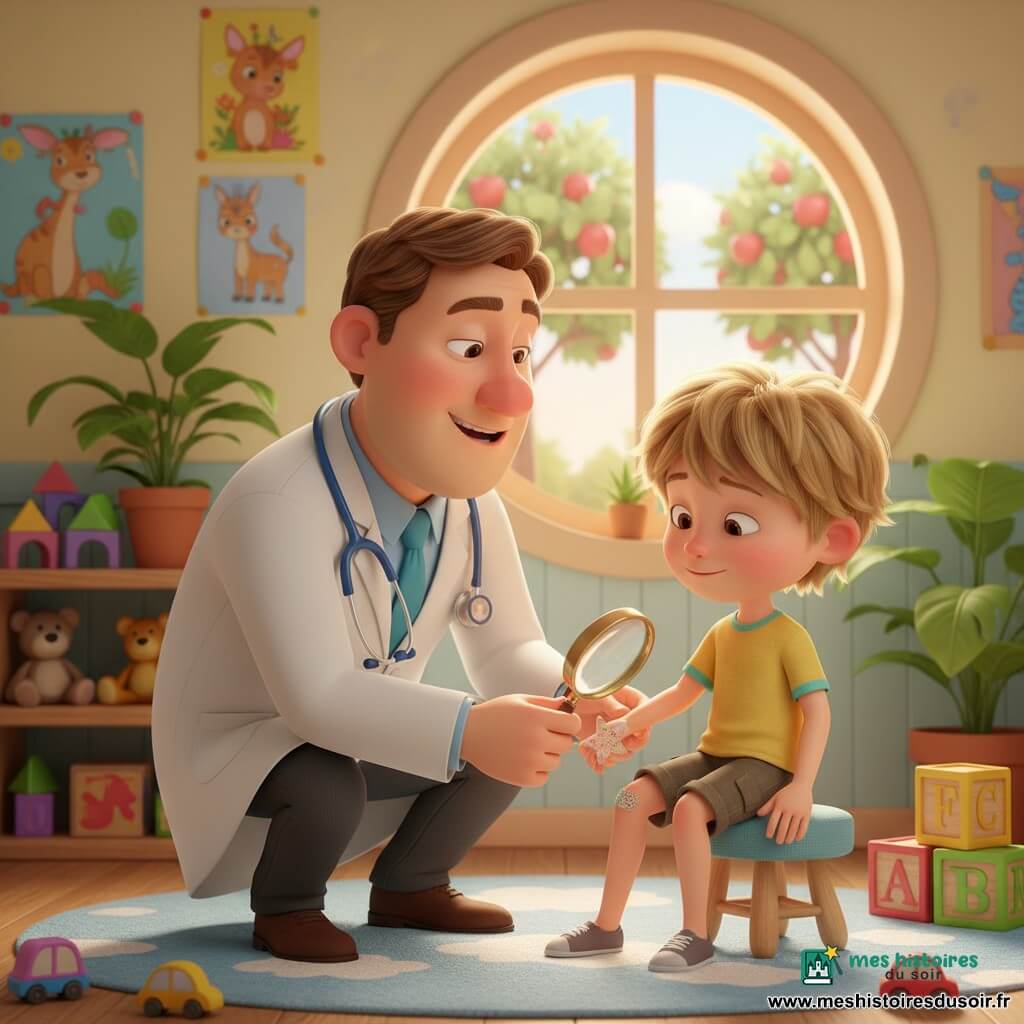 Le docteur Léo, médecin souriant et bienveillant aux cheveux bruns courts, accroupi en blouse blanche avec un stéthoscope bleu, applique doucement un pansement étoilé sur le genou éraflé de Tom, un garçon d’environ 5 ans aux cheveux blonds en bataille, passant des larmes à un sourire timide ; décor de petite clinique chaleureuse aux murs jaune pâle, affiches d'animaux, étagère avec jouets et plantes, grande fenêtre ronde donnant sur des pommiers, tapis nuageux et quelques jouets éparpillés, ambiance claire aux couleurs douces, perspective rapprochée centrée sur l’échange rassurant entre le médecin et l’enfant.