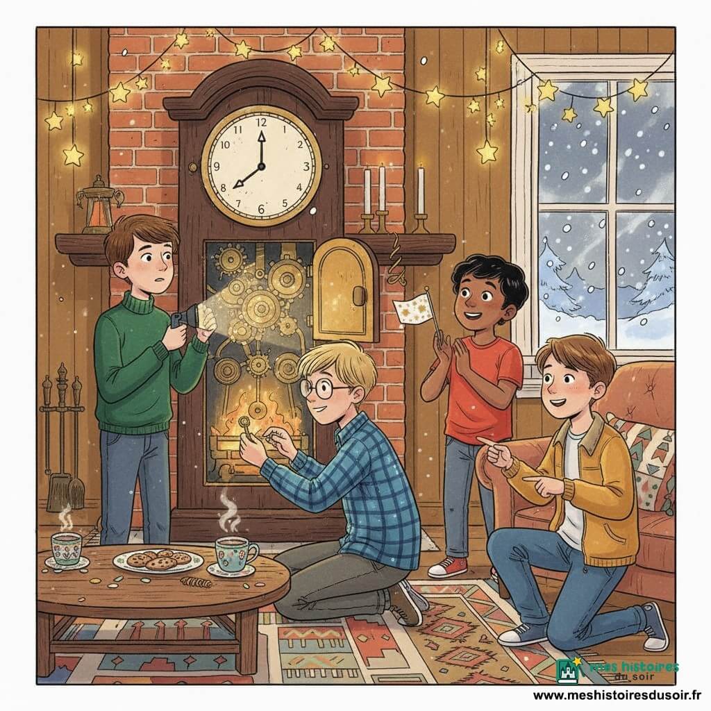 Quatre garçons dans un salon chaleureux réparent ensemble une grande horloge en bois pour le compte à rebours du Nouvel An : Lucas (11 ans, cheveux bruns courts, pull vert foncé) tient une lampe torche et regarde l'horloge depuis la gauche, Théo (11 ans, cheveux blonds en bataille, lunettes, chemise à carreaux bleue) est accroupi devant l'horloge et manipule des rouages métalliques, Léo (10 ans, cheveux noirs, t-shirt rouge) se tient à droite en applaudissant et tenant un petit drapeau en papier, Sami (10 ans, cheveux châtain clair, veste moutarde) est agenouillé près du canapé et montre un petit ressort doré trouvé sous un coussin ; l'horloge au cadran doré partiellement terni a une petite porte ouverte laissant voir des rouages brillants, la cheminée en briques la soutient, le salon est décoré de guirlandes dorées et lumières jaunes, tapis à motifs, table basse avec biscuits et tasses de chocolat chaud, neige visible à la fenêtre, ambiance festive et concentrée avec confettis prêts, expressions d'émerveillement et d'amitié, mains manipulant une clé et un bouton doré.