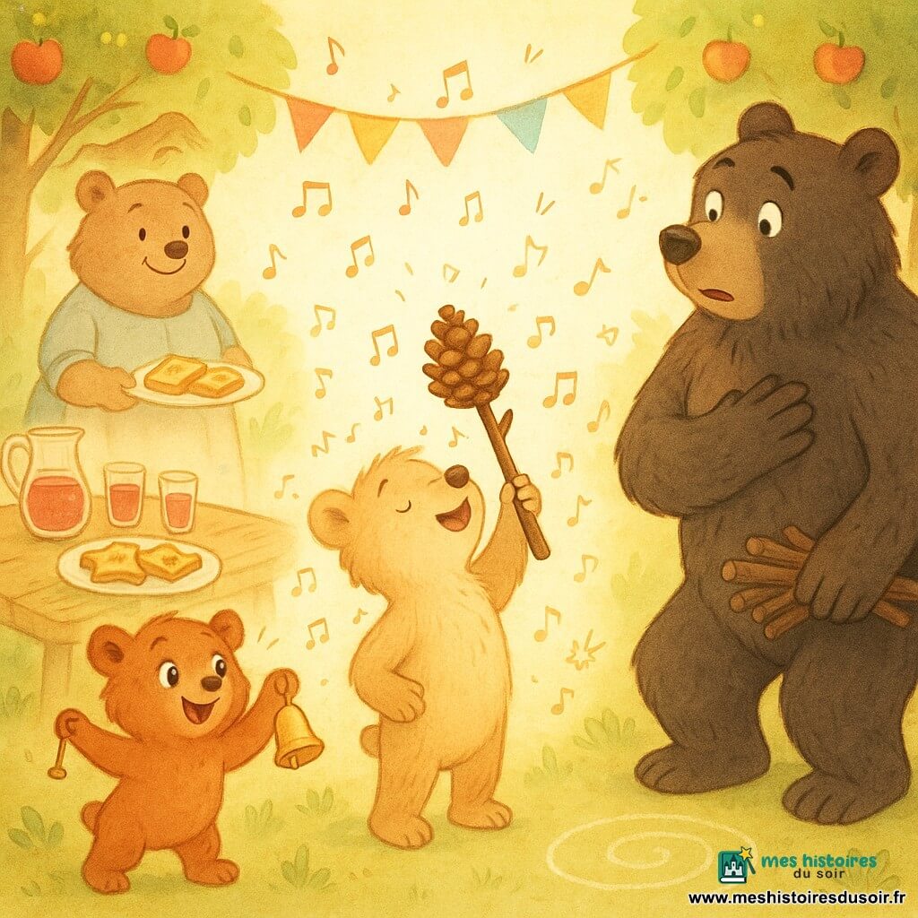 Basile, un jeune ours brun clair au pelage duveteux, chante timidement et fièrement la tête levée en tenant un petit trophée fait d'une grosse pomme de pin collée sur un bout de bois ; Noisette, une oursonne rousse plus petite, agite une clochette près de la table de goûter à gauche ; Papa Ours, grand et costaud au pelage sombre, surpris et ému, pose son fagot à droite et se met à genoux, main sur le cœur ; Maman Ourse, douce et ronde, apporte une assiette de tartines au miel en souriant à l'arrière-plan ; le jardin montre deux pommiers reliés par une guirlande de fanions, une petite cabane en bois ouverte, une table avec jus de framboise et tartines, et une spirale de craie au sol ; scène intime et chaleureuse de fête des pères au crépuscule, palette pastel chaude, textures aquarelle et contours crayonnés avec petits doodles (cœurs, notes, étoiles).