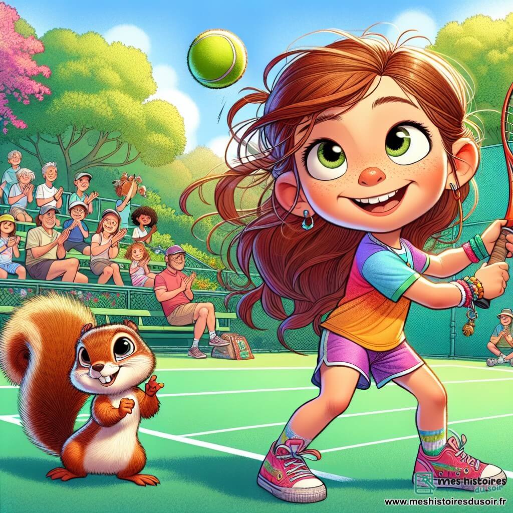 Léa, une fille de 12 ans, est au centre de l'image, avec des cheveux bruns en bataille, un sourire radieux et des joues rosies. Elle porte un t-shirt coloré et un short, tenant une raquette de tennis, prête à frapper une balle qui vole. À ses côtés, Flitz, un petit écureuil doré, l'encourage en levant une patte, avec une expression malicieuse. Le décor est un court de tennis en plein air, entouré de verdure, avec des arbres en fleurs et un ciel bleu. Des spectateurs applaudissent, créant une atmosphère joyeuse. Léa frappe la balle avec détermination, concentrée sur le jeu, tandis que Flitz l'encourage, illustrant l'esprit de camaraderie et de compétition amicale.