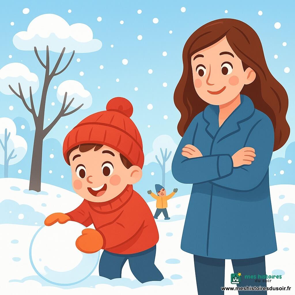 Léo, un petit garçon de 4 ans aux joues roses et aux yeux pétillants, porte un pull rouge et un bonnet assorti. Il roule une boule de neige avec un sourire éclatant, tandis que sa maman, une femme d’environ 30 ans aux longs cheveux bruns et au manteau bleu, l’encourage en souriant. La scène se déroule dans un parc hivernal, recouvert de neige, avec des flocons tombant doucement et des enfants jouant au loin. Léo et sa maman profitent d'une belle journée d’hiver, entourés de neige scintillante.