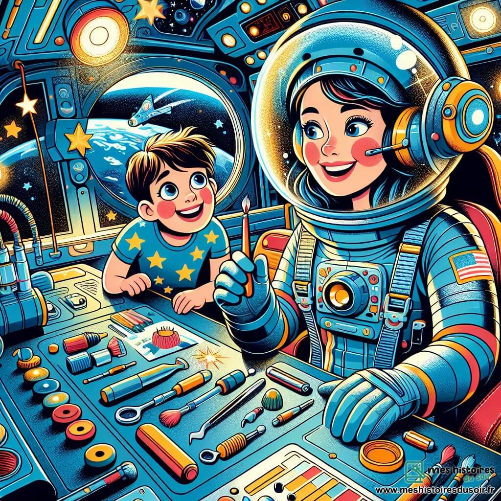 Clara, une astronaute souriante en combinaison spatiale bleue, flotte dans sa navette en travaillant sur le moteur, entourée d'outils colorés. À ses côtés, un petit garçon d'environ 8 ans, aux cheveux bruns et lunettes rondes, observe avec émerveillement, prêt à dessiner. La scène se déroule dans une navette moderne avec des panneaux de contrôle lumineux et une vue spectaculaire sur la Terre et les étoiles. Clara, concentrée, répare le moteur tandis que le garçon l'encourage, créant une atmosphère d'aventure et de camaraderie dans l'espace.