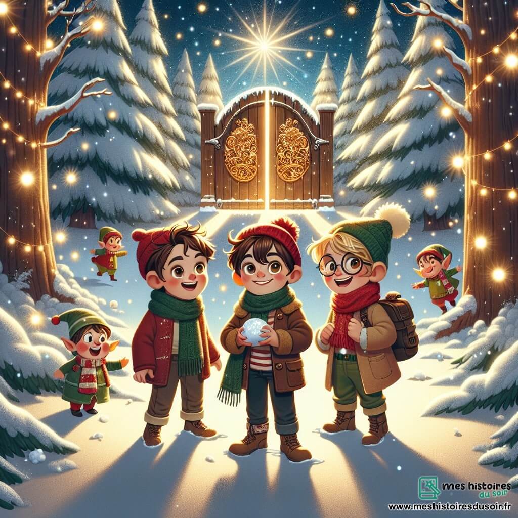 Trois garçons se tiennent dans une clairière enchantée illuminée par des étoiles. Louis, 12 ans, avec des cheveux bruns et un bonnet rouge, sourit. Maxime, 11 ans, aux cheveux blonds, lance une boule de neige en riant. Clément, 12 ans, aux cheveux châtains et lunettes rondes, admire une grande porte en bois ornée. La clairière est entourée d'arbres enneigés, créant une atmosphère magique. Les garçons participent à une bataille de boules de neige contre des lutins malicieux cachés derrière les arbres, remplissant la scène de joie et d'énergie festive.