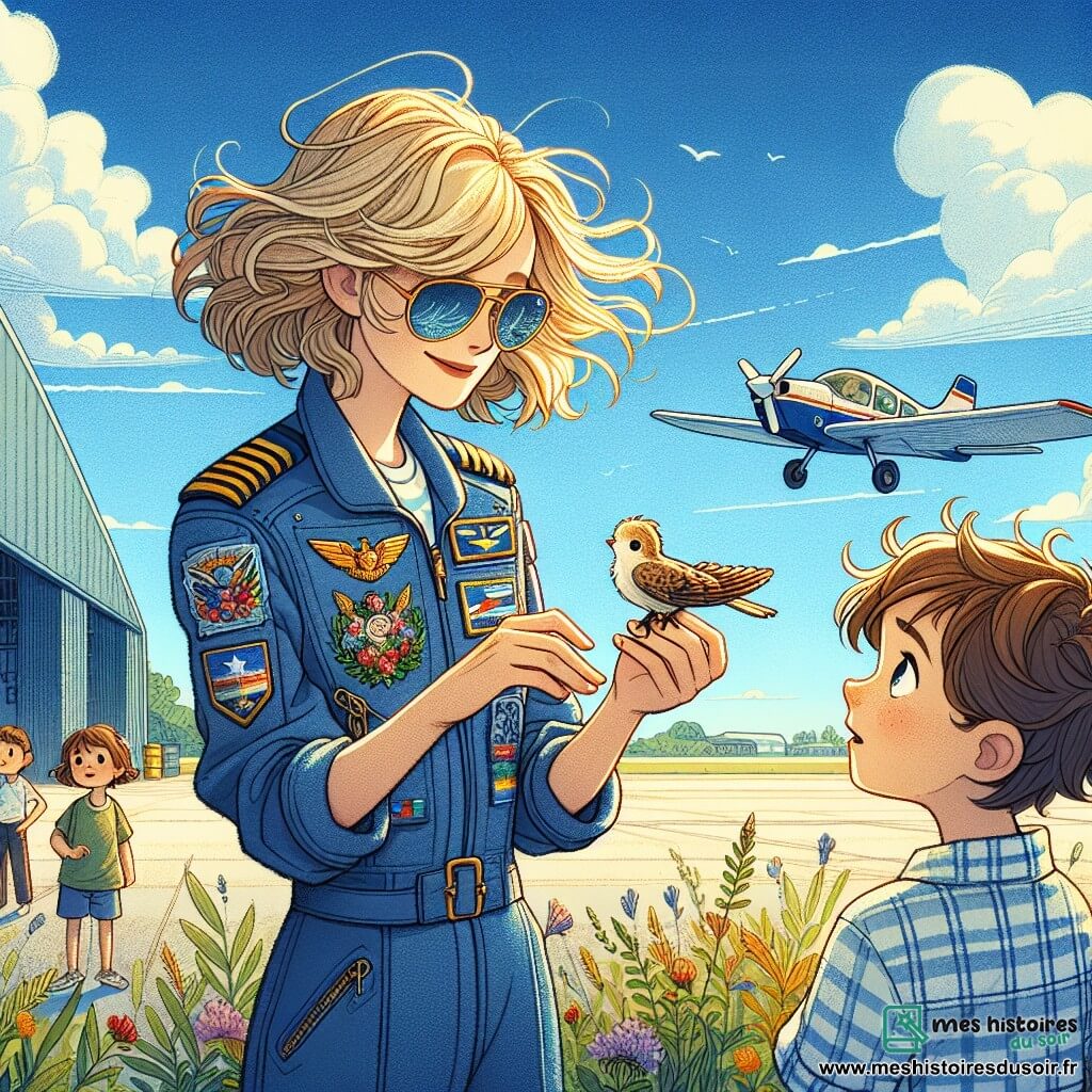 Claire, pilote d'avion, est au centre de l'image, souriante avec ses cheveux blonds au vent et ses lunettes de soleil. Elle porte une combinaison bleue avec des insignes colorés et tient un petit oiseau dans ses mains, affichant douceur et compassion. À ses côtés, Max, un garçon de 8 ans aux cheveux ébouriffés, regarde l'oiseau avec émerveillement, tandis que Julie, une fille de 7 ans aux cheveux bruns, se tient en retrait avec un air curieux. La scène se déroule sur une piste d'atterrissage ensoleillée, entourée de hangars et de verdure, avec un ciel bleu et quelques nuages. En arrière-plan, un petit avion est garé et des enfants observent la scène. Claire prend soin d'un oiseau blessé qu'elle a trouvé, captivant l'attention des enfants par son histoire et son amour pour les animaux.